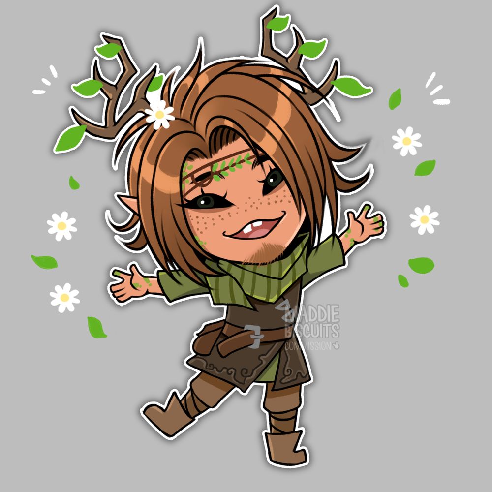 A cute chibi-style drawing of a happy wood elf lad, with tan skin and lots of freckles and bits of green nature on his face and hands. He has extremely dark eyes and a happy crooked smile with buck teeth, and a fuzzy patch of hair on his chin. He has leafy antlers and a daisy in his messy brown hair and is dressed in forest greens and brown leathers.