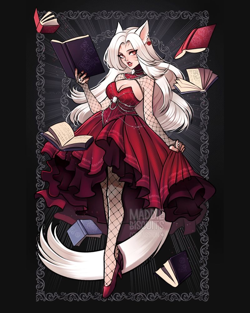 A fullbody illustration of a pale-skinned, amber-eyed miqo'te with red lips and long white hair, with matching white cat ears and a long., fluffy white cat tail. She is wearing an ornate ruby-red dress with silver and diamond jewelry, fishnet armsleeves and legs, red heel shoes, and is holding a book with magical symbols on it while more float around her. There is a lace-like ornate border around her