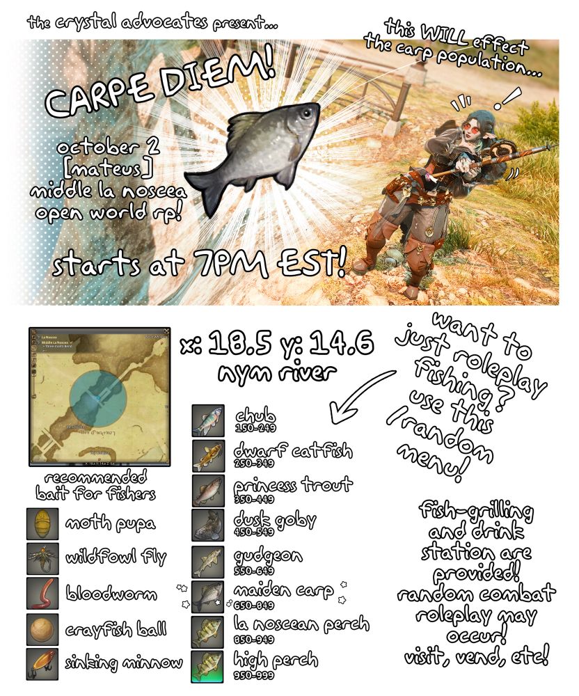 An advertisement for world roleplay in Middle La Noscea on Mateus server in Final Fantasy 14