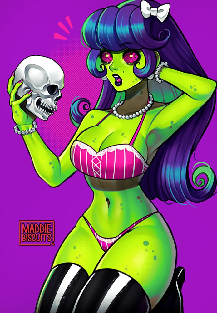 A pinup illustration of a green-skinned woman with black lips and big pink-red eyes. She has blue-purple hair, curled bangs, and is wearing a white bow. She has pearl jewelry, a pink striped bra and underwear, black leather thigh-high boots and is holding a skull