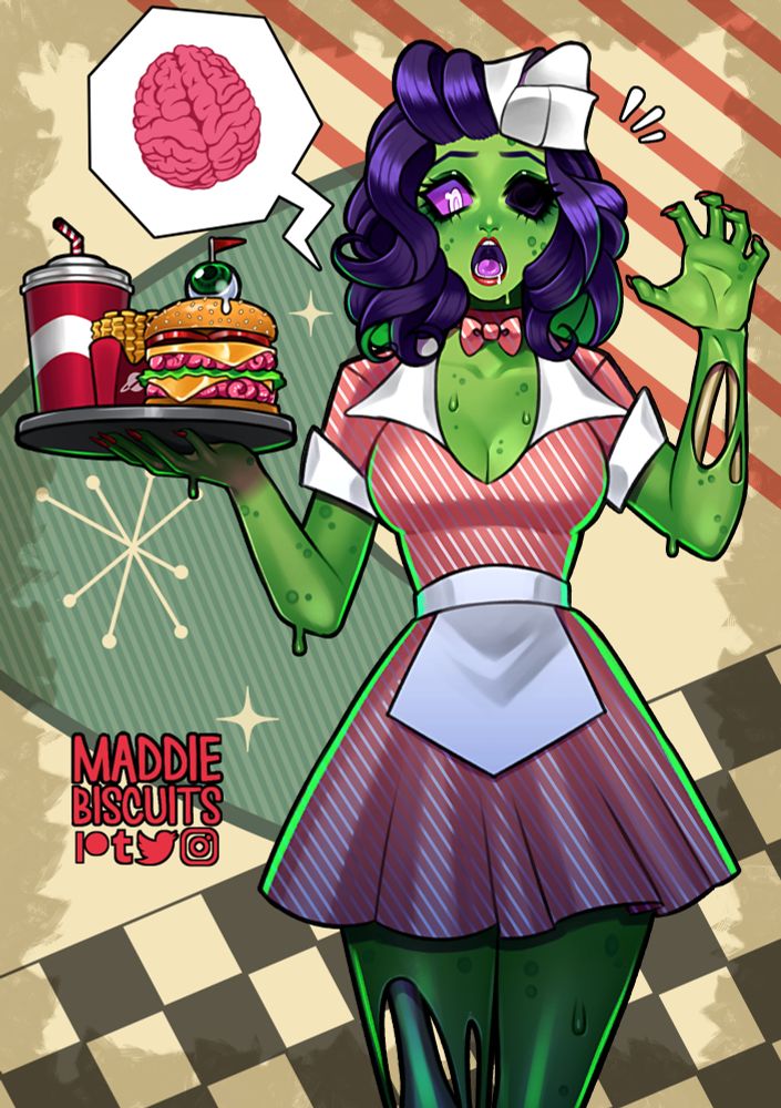 A colourful illustration of a cute, bright green-skinned zombie woman with purple hair, missing one eye. Parts of her body are missing, showing bone. She is dressed in a pink and white 50s diner waitress outfit and is carrying a tray with fries, soda pop and a big hambuger that seems to be made of brains and an eyeball. A cartoon speech bubble beside her has a pink brain inside