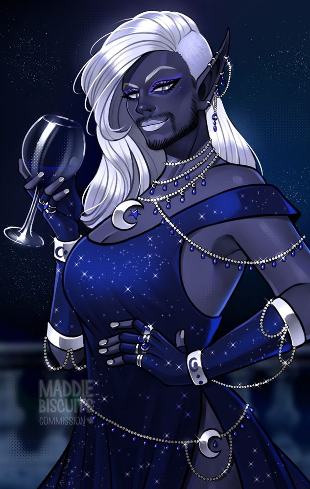 An illustration of a drow with long silver-white hair, one side of their head shaven, in a sparkling night-blue gown with matching silver gemstones, earrings, necklaces and moon-shape jewelry. They are holding a wine glass and are smirking at the viewer, wearing glamourous make-up. They have a tidy, short dark beard and moustache.