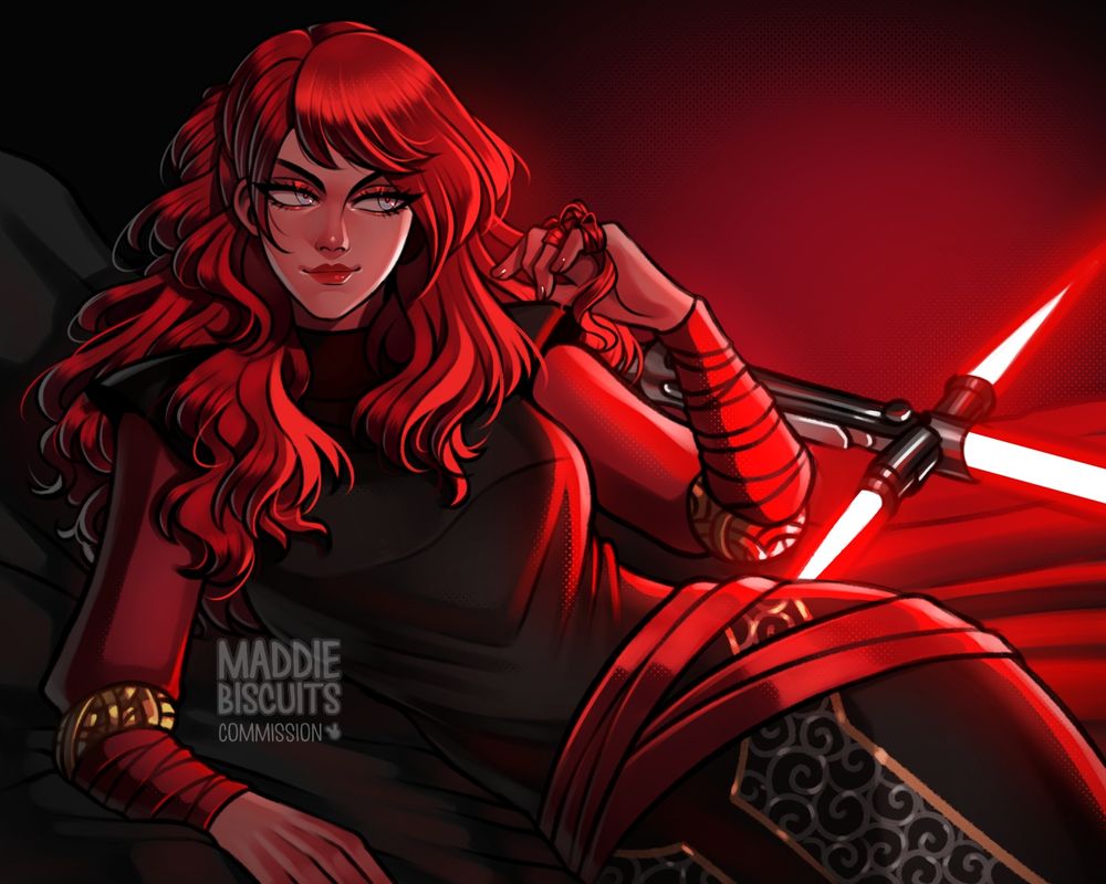 A digital illustration of a pale skinned woman with red lips, long wavy ruby red hair and pale blue eyes lounging coyly on black sheets in a red and black robe, smirking at something off-screen while playing with her hair. A three-pronged red sith lightsaber is beside her, illuminating her in red light