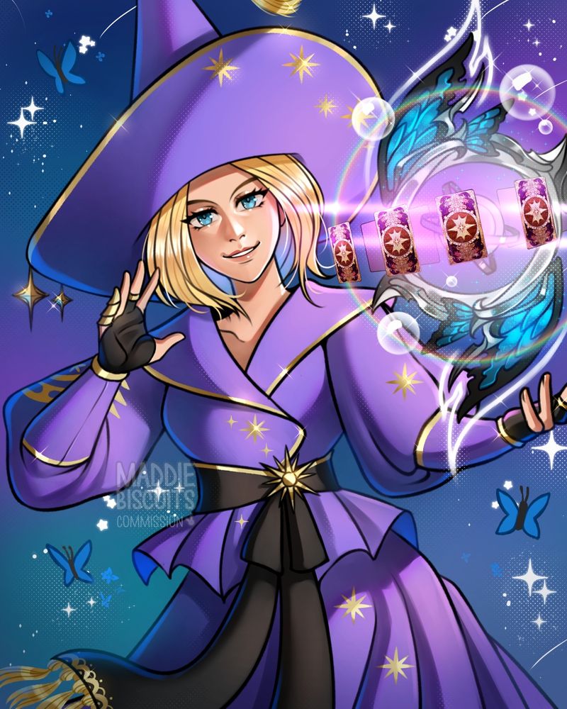 A digital illustration of a hyur woman from final fantasy 14 with pale peach skin, blue eyes and bobbed blonde hair, wielding an astrologian's weapon with blue butterfly wings on it, surrounded by tarot cards, bright lights and bubbles. she is wearing a purple pointed hair and comfortable matching robes with a black sash around her waist, with gold tassles and star-shaped golden decora