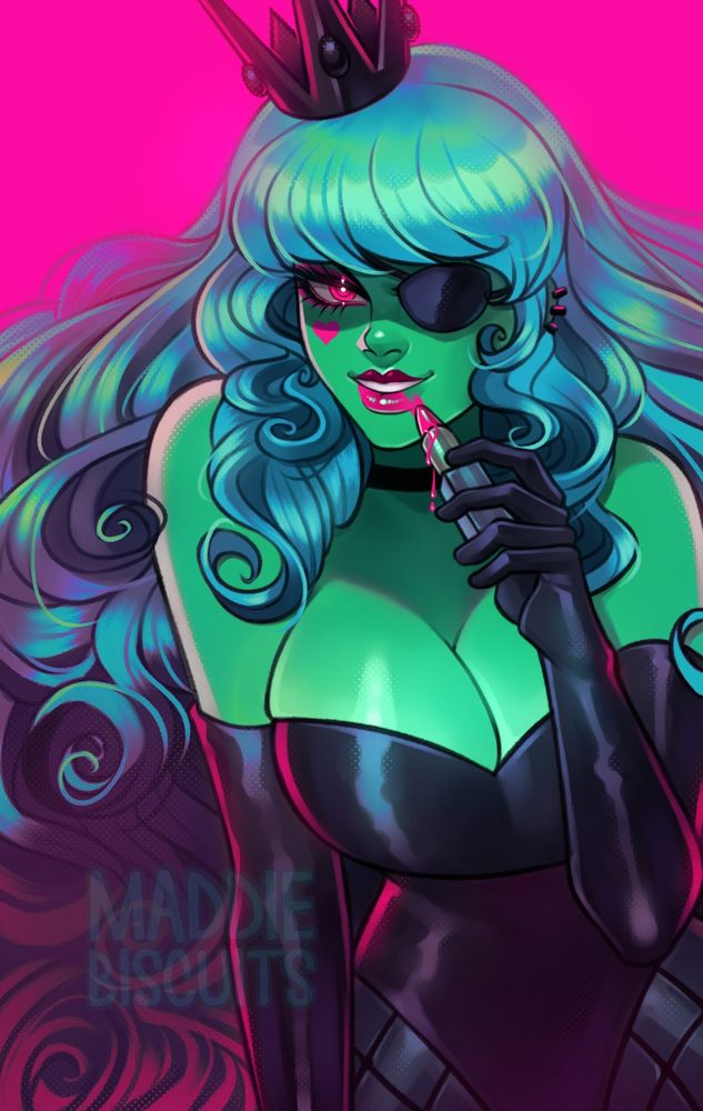 A colourful illustration of a green-skinned woman with long, curling bright blue hair messily applying hot-pink lipstick. The background is the same pink as the lipstick. She has an eyepatch and a sly smile, and is wearing fishnets and leather showing her cleavage