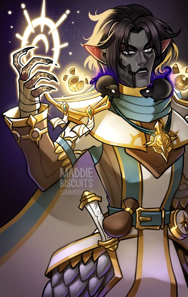 A commission illustration of an elven undead priest from World of Warcraft. He has silky black hair with long bangs and a jagged metallic sheet against his right jawline, with white eyes. His is dressed in white, gold and blue priestly garb with glowing shoulderpads and is casting light magic, which is burning his grey undead skin. Two shadowy rats sit around his neck and collar.