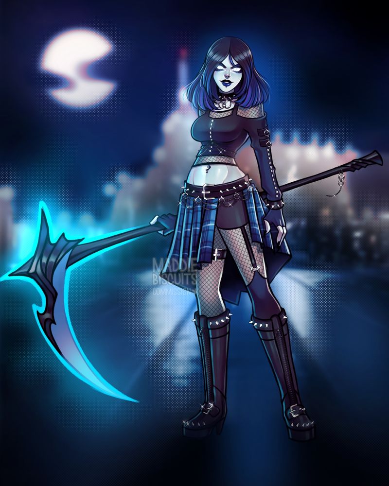 A fullbody illustration of a woman with pale blue skin, bright white eyes and shoulder-length black hair with blue streaks. She has a lower lip piercing, dark-blue lipstickk and is carrying a glowing blue magic scythe, standing before a blurring cityscape background with a full moon. She is wearing goth-style clothing - fishnets, a plaid blue long shirt, studded belt, choker and bracelets, and tall black combat boots with silver studs.