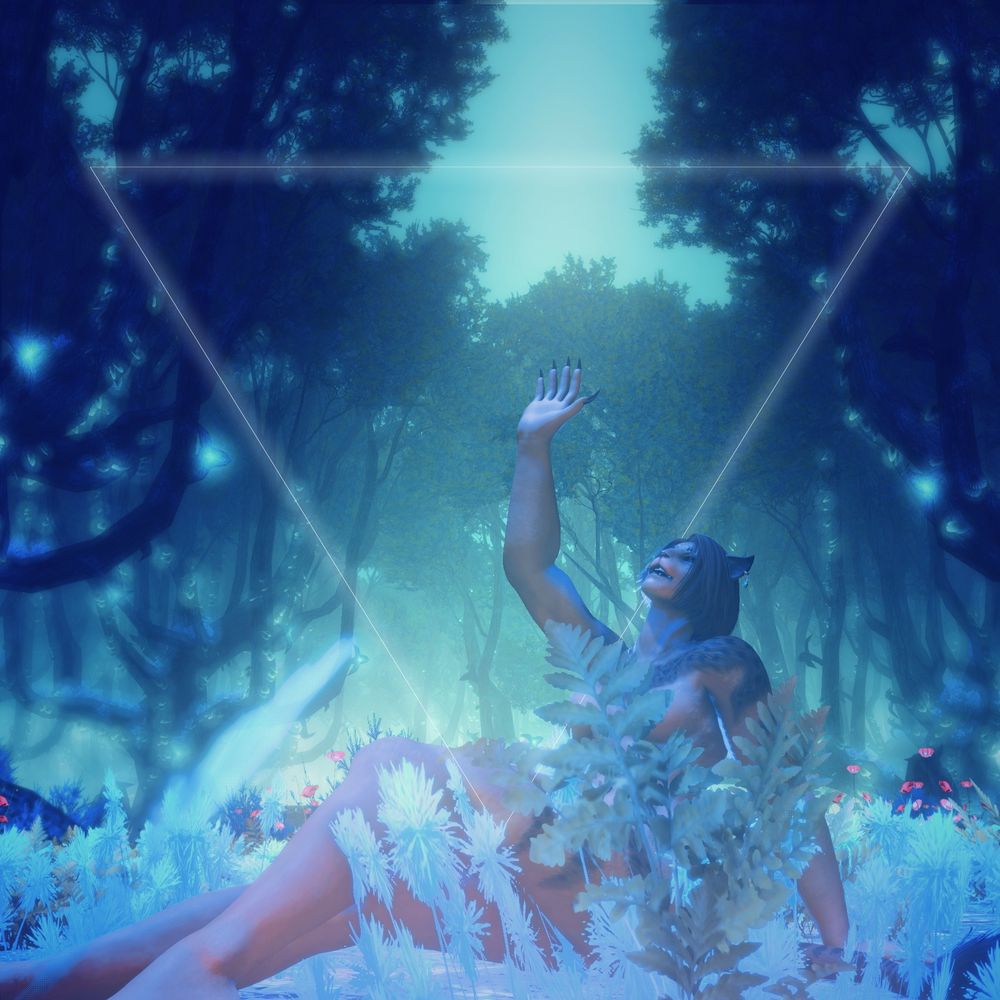 A screenshot of Reina sitting amongst foliage in the deep azure forests of  Yak T'el.