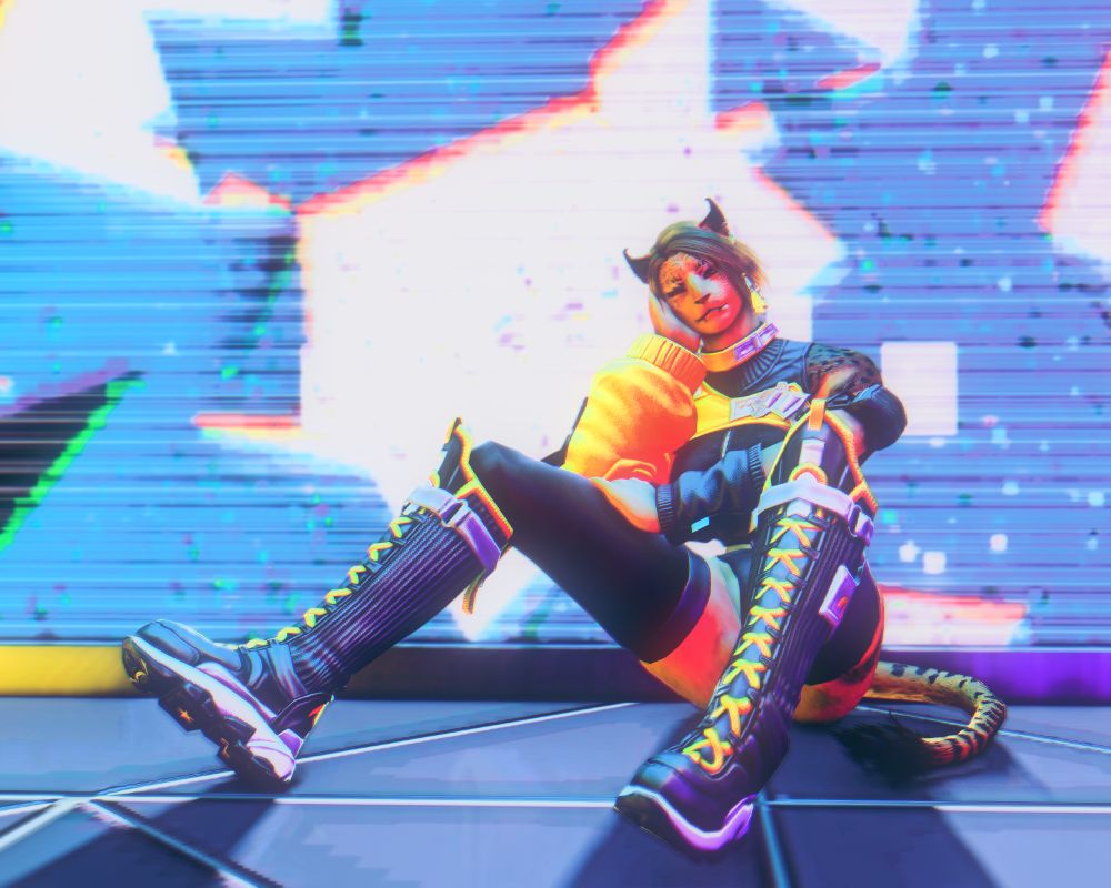 A simple screenshot of Reina sitting in front of a panel in Solution 9 displaying glitchy, anaglyphic geometry. 