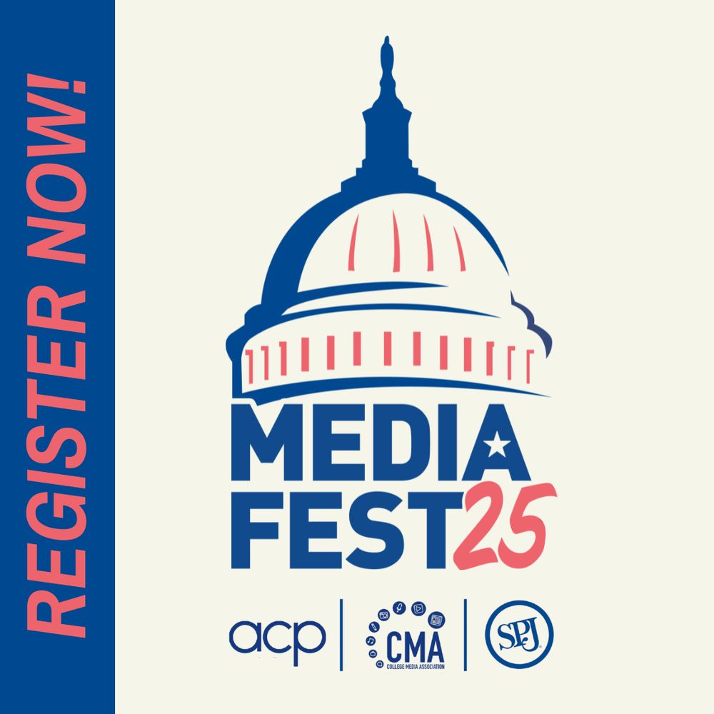 A cream background social card. On the left, it says Register Now in big red letters. The logo for MediaFest25 is in the middle.