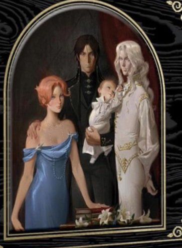 portrait of Sypha, Trevor, and Alucard from Netflix’s Castlevania with their child. taken from the complete boxset