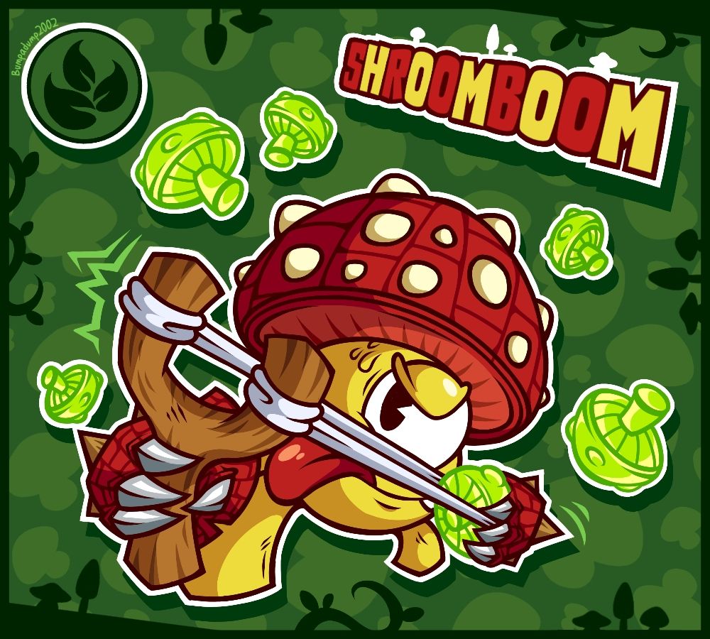 Shroomboom from Skylanders shooting a slingshot in front of a green mushroom-patterned background