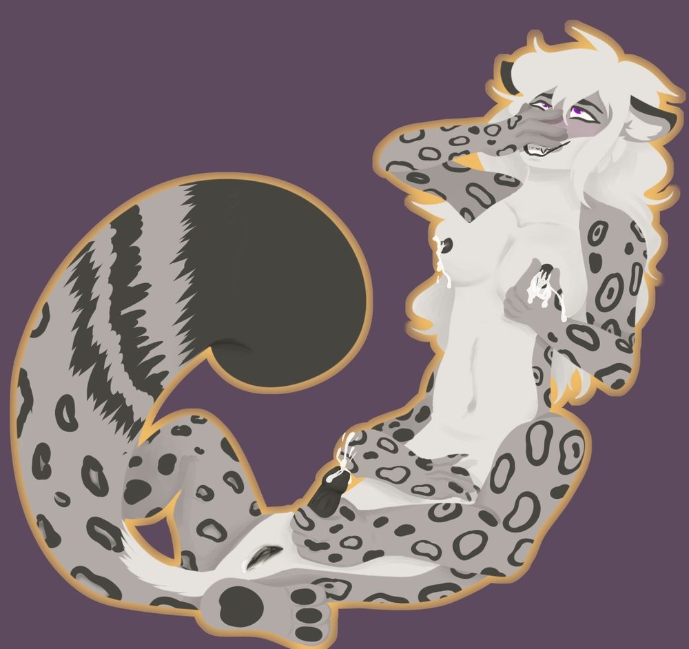 Snowie/Nabu is playing with hir chest on hir back , forepaws on hir cock, another hand on hir muzzle with a lewd expression 