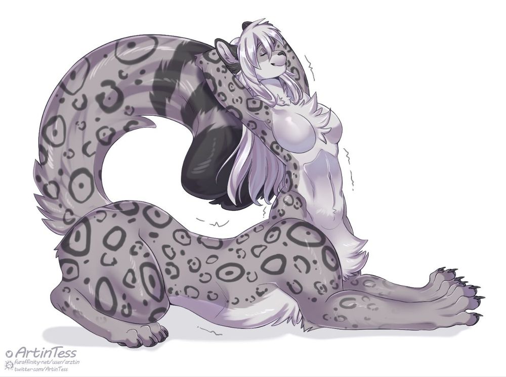 Chakat Snowie/Nabu stretching hir legs, hir upper body leaning back with arms around hir head. A content expression on hir face and a soft tail brushing against hir arms. 