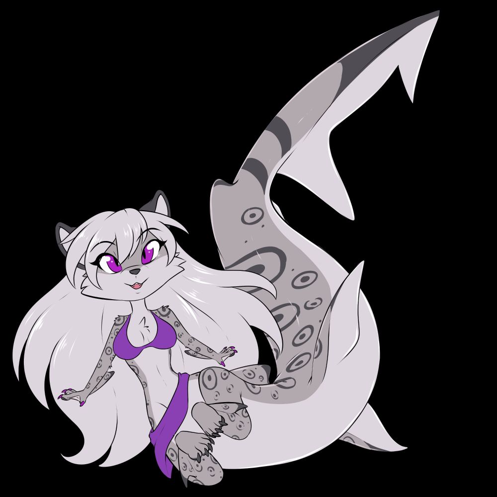 A Chibi Chakat Snowie/Nabu as a shark mermaid/taur with webbed hands fingers and legs while shi has a long  shark mer tail . Dressed in a purple top
