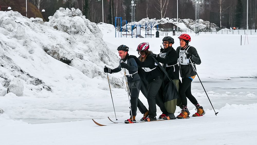 One of IceLab's battleship teams with four people on one pair of skis. 