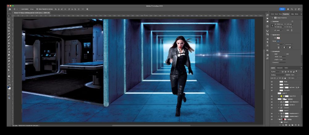 A screenshot from Photoshop. A young woman runs down sleek, futuristic corridor toward you. Around the corner, where she can't see, is a med-bay with a surgical table.