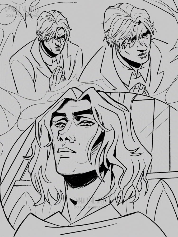 A comic page in black lines. The top half shows a medium shot of Jayce from the front- his face twisted in discomfort and insecurity, he looks down and away. The next panel shows him finally looking up to the priest through his eyelashes, a pleading look on his face, his eyebrows knitted together, almost awaiting judgement.
The bottom half of the page shows the priest turning to face him, the view is from the shoulders up, slightly from below. Finally his face is revealed- Vik looks down at him with an emotionless regard.
The page is accented with the pointed anomaly design from the ‘hexzone’ stretching around the corners of the page.