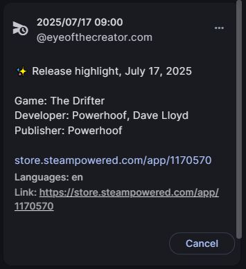 ✨ Release highlight, July 17, 2025

Game: The Drifter
Developer: Powerhoof, Dave Lloyd
Publisher: Powerhoof

https://store.steampowered.com/app/1170570