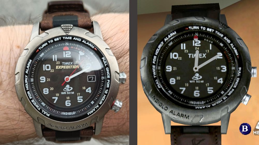 Wrist shot comparing my Timex Expedition with Ryo's watch in Shenmue. They're essentially the same!