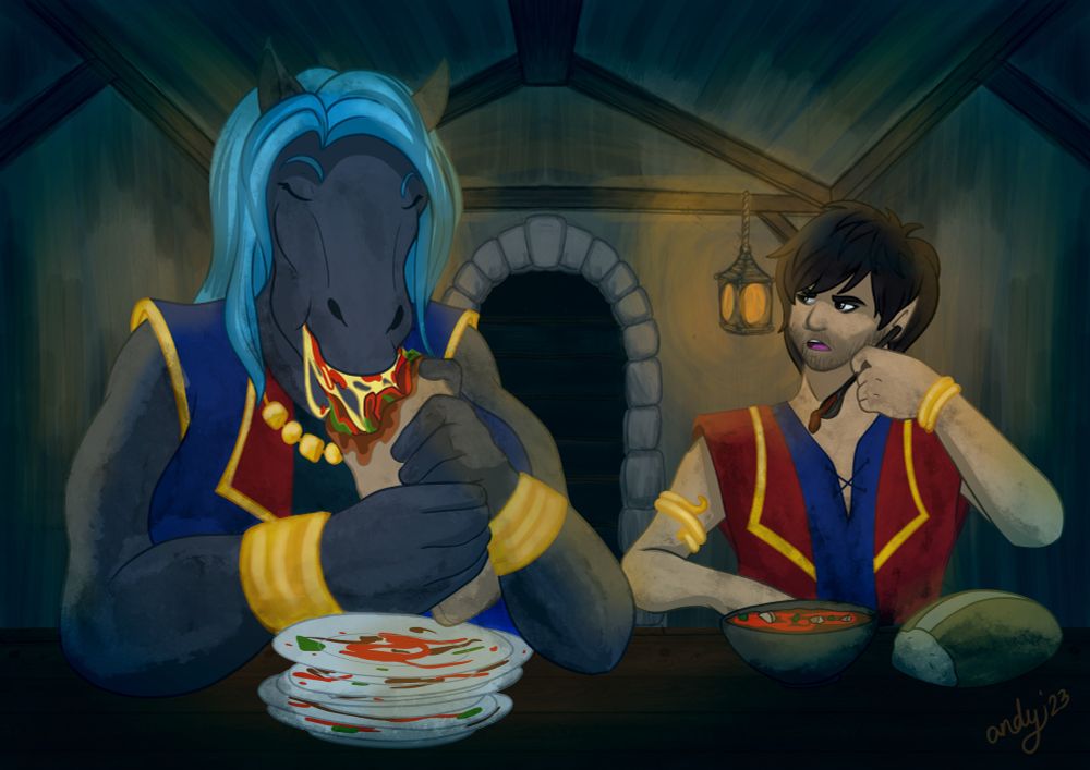 The scene is a dimly lit tavern from the view of the innkeeper behind the counter. In front of the counter is two characters having a meal and seated side by side. On the left is a large anthropomorphic female horse with a dark blue grey fur body and has light blue hair mane. The horse character is eating a large bite from what appears to be a burrito. In front of the horse character is a stack of several empty but cleaned out plates from dishes eaten.

To the right is a human character. He has elf like ears, a rugged stubble and is eating a stew from a wooden bowl on the table with a loaf next to it. He is mid bite on his spoon but holding it still for the stew to drip off the spoon as he looks to the horse exasperated at how she has eaten so much food and has such a large appetite.
