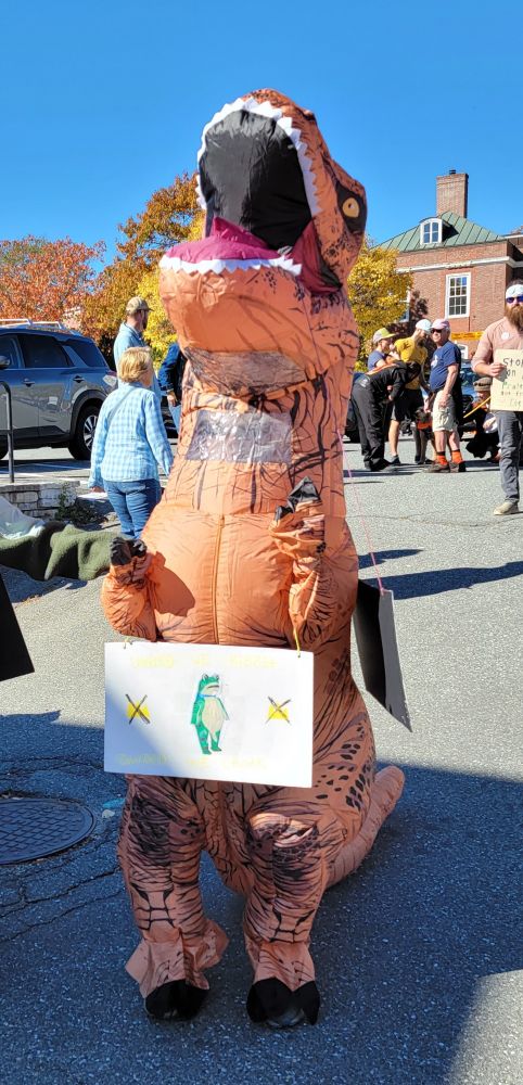 Inflatable T. Rex with a sign with a picture of a frog 
