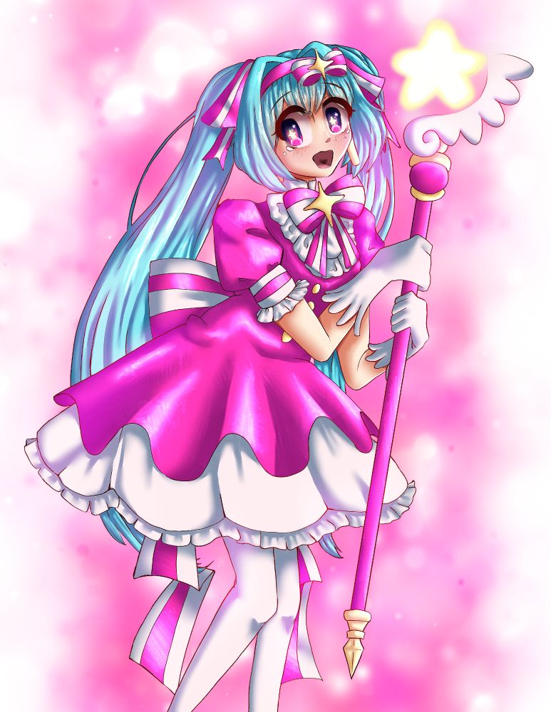 an illustration of the magical girl design of miku featured in the MV for nakiso's retry now.