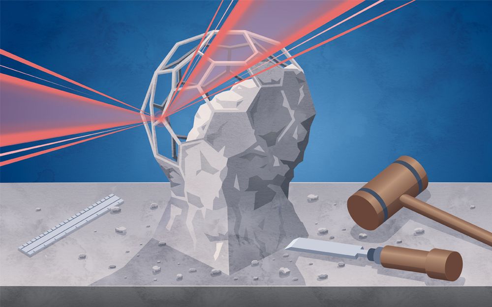 The table of a sculpture artist with a half-completed sculpture of a bucky ball in its centre. On the table, the old tools of the craft: a hammer and a chisel. The sculpture is instead being made by two laser beams shone on the same point of the structure. 