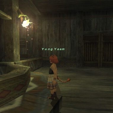 A screenshot from the 2002 Squaresoft MMO "Final Fantasy XI" depicting a young Mithra named Yung Yaam.