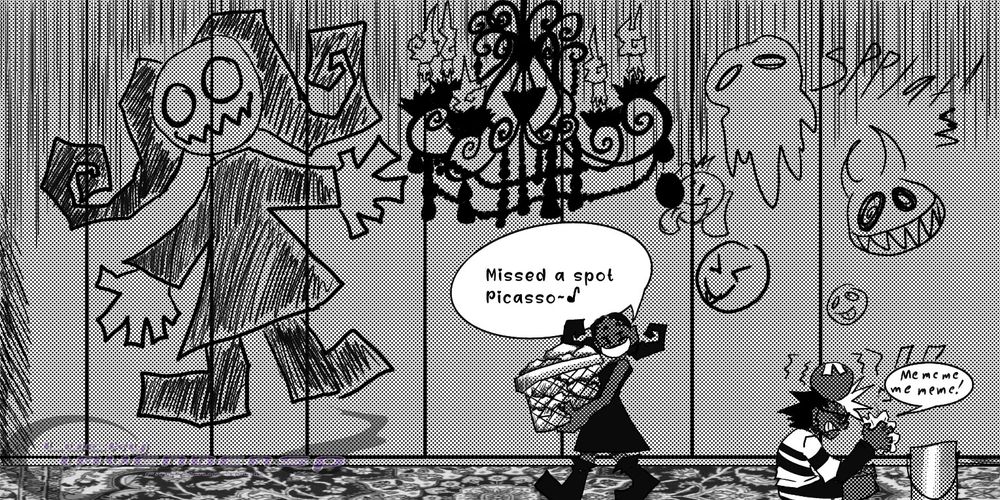 It didn't work....now he has to clean the walls and has a headache. His sister Lisa pokes fun at him.