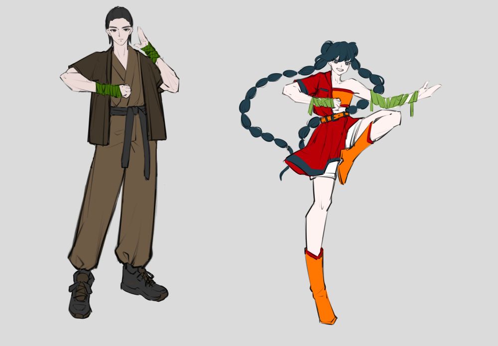 two concept arts of martial artists. Male on the left with a brown gi, and female on the right standing on one leg with long braids