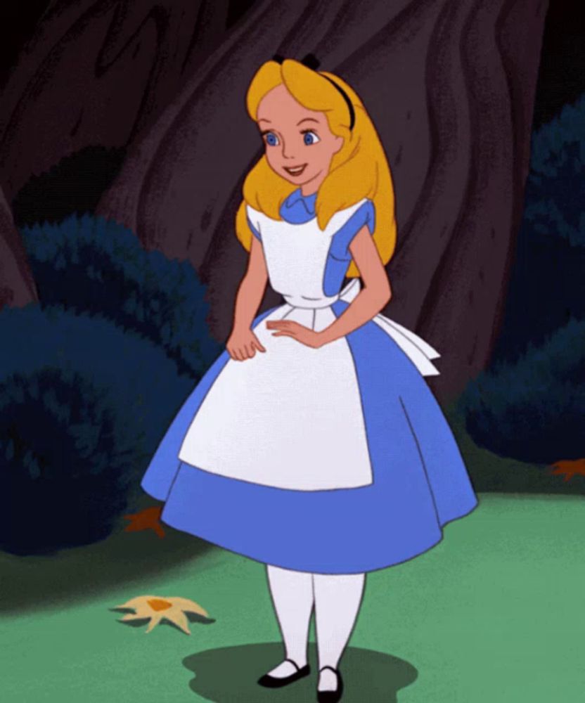 a cartoon of alice from alice in wonderland standing in front of a tree