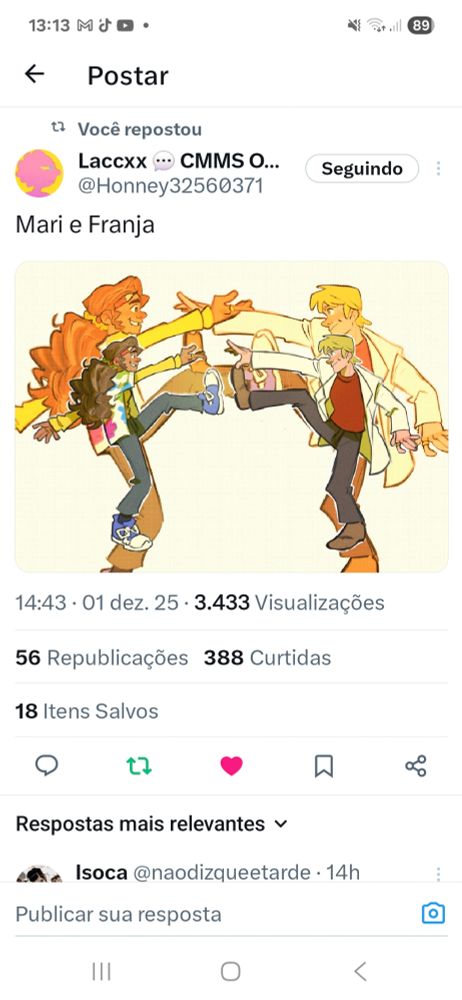 Arte da Marina de cabelo preso,blusa suja de tinta,calça jeans e tênis com o Franjinha com sua roupa clássica 