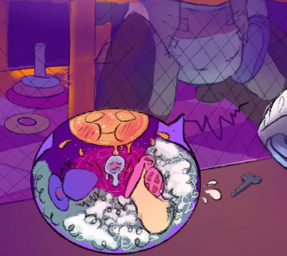 inner view of a diaper, full bladder with cheeks puffed, vibrating butt plug, leaking chastity cage, and content prostate surrounded by stuffing. With a mitted paw rubbing the diaper in question in the background.