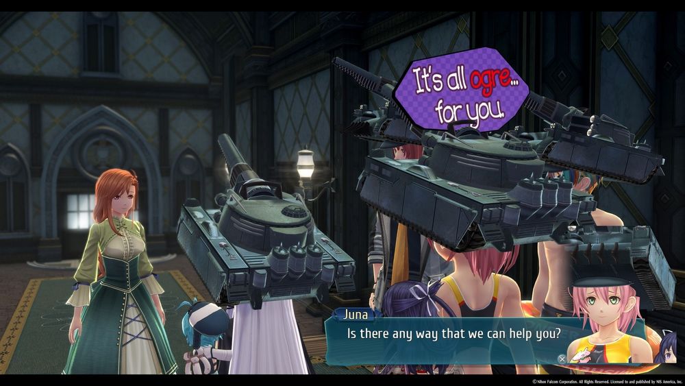 Four people wearing giant tank hats surround a woman, offering her help