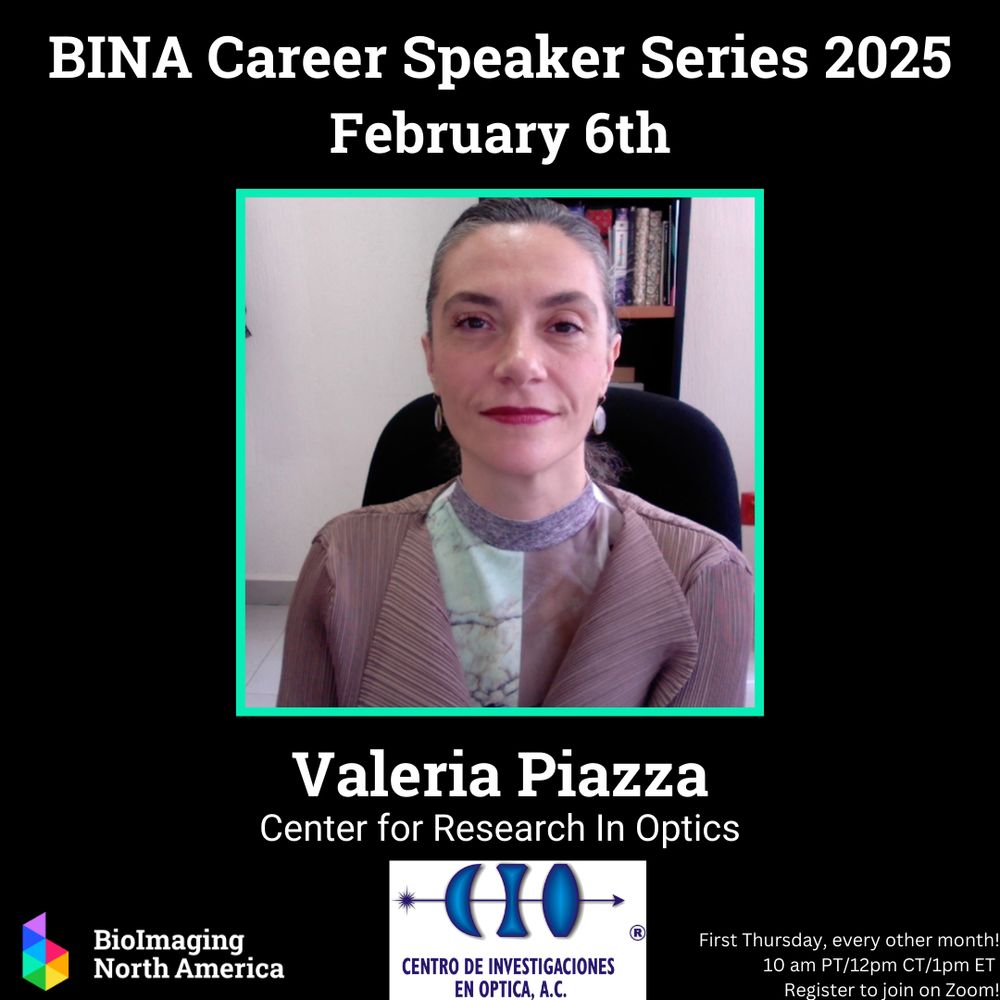 A photo of Valeria Piazza smiling along with text about the BINA's Career Speaker Series on Feb 6th where she will be presenting via zoom at 12pm central time - registration is required on the BINA activity page for this series