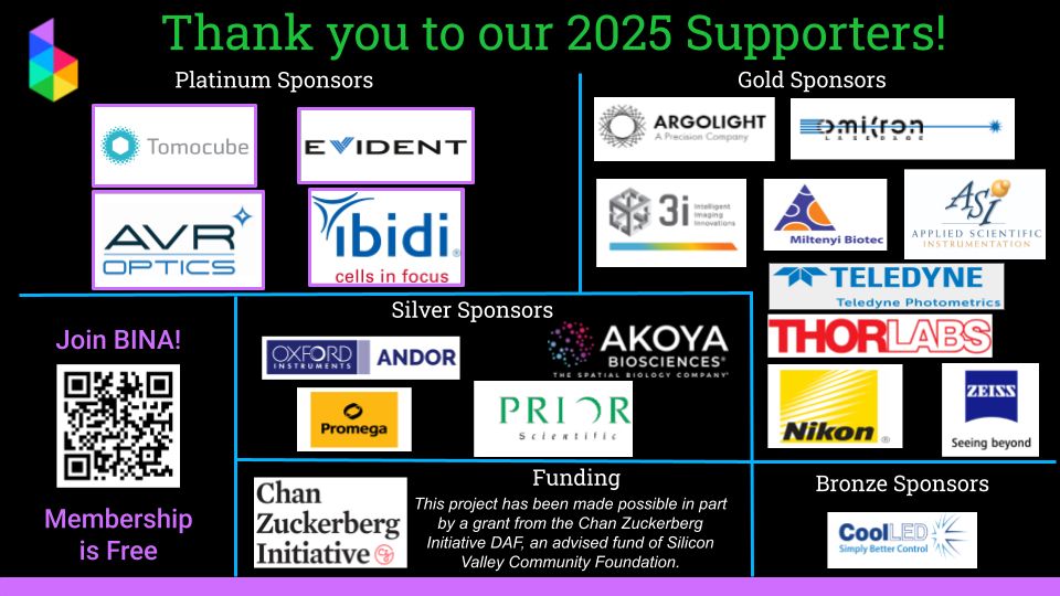 Black background slide with Thank you and acknowledgment to the CZI and many BINA sponsors for 2025