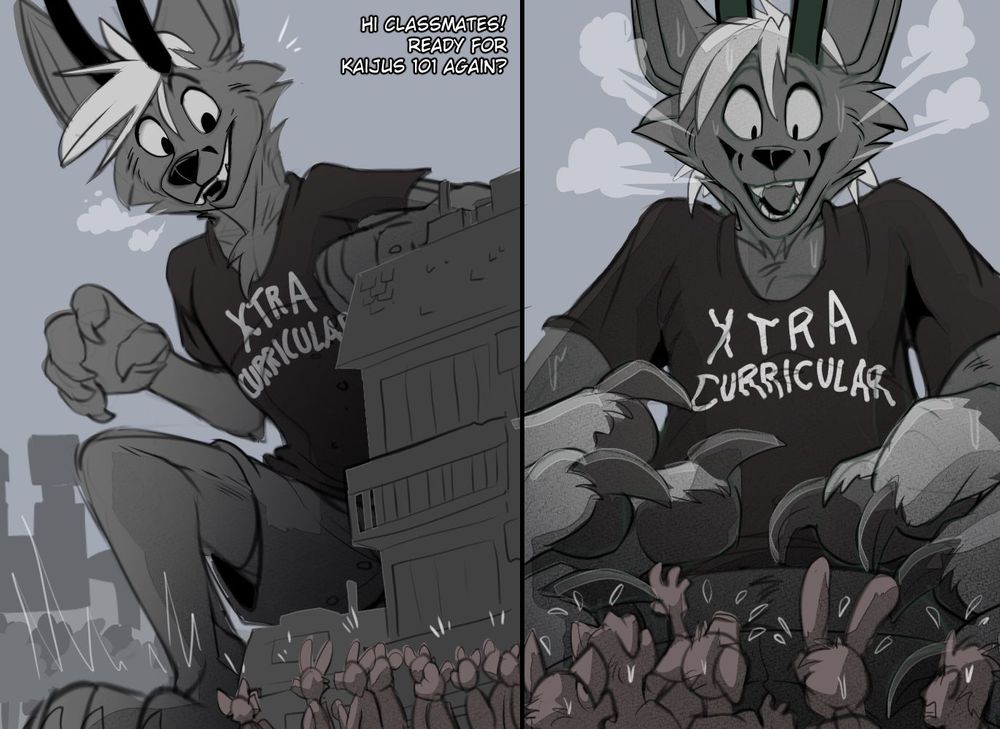 DT is crouching around the corner from a campus building explaiming "Hi Classmates!  Ready for kaijus 101 again?" and seen with his claws out reaching for said classmates in a second POV panel.  He's wearing a dumb shirt that says "xtra curricular"