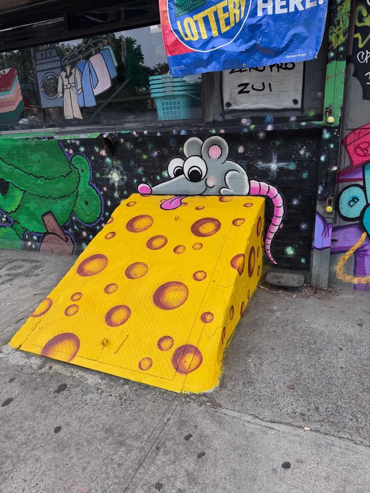 a sidewalk cellar door painted to look like a brick of cheese with a mouse on it