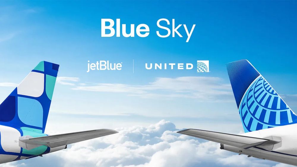United and JetBlue have announced a new partnership called Blue Sky. This is a promotional image for that showing the two airlines' tail art in the sky