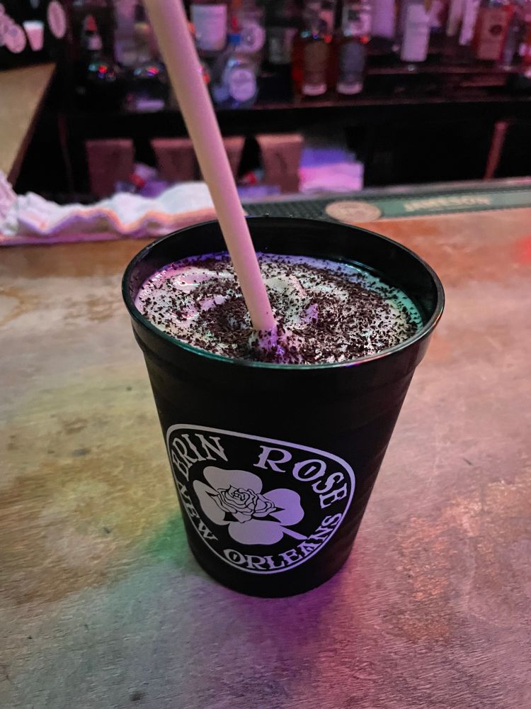 A full frozen Irish coffee from Erin Rose sits on the bar. This is not current, I just wish it was. 