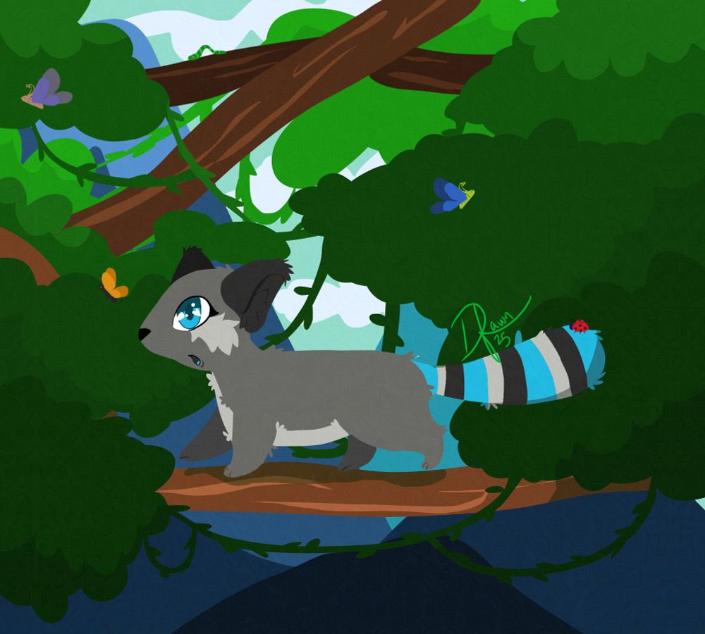 A chibi, feral red panda fursona. Standing on a branch, surrounded by various green leaves, and a few butterflies. The panda is looking curiously at an orange butterfly, flying in front of her face. 