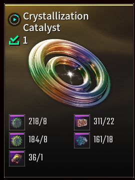 i can make 36 Crystallization Catalysts, i don't have the materials for that but at least running the new Void Mission on repeat for swords is helping with that. 