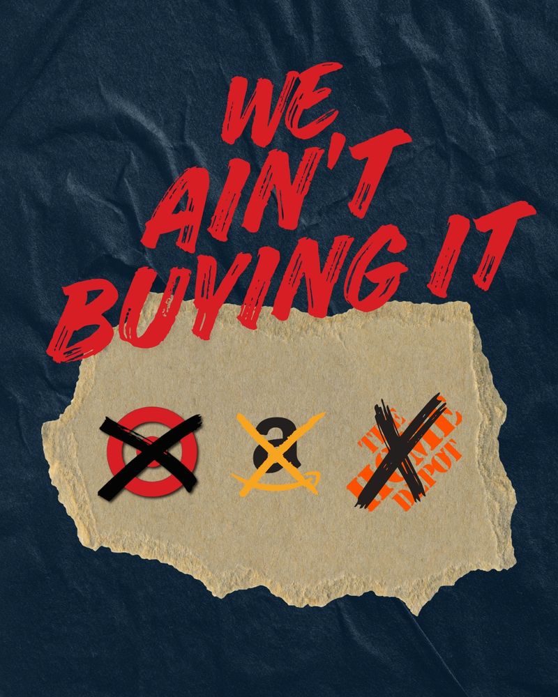 We Ain't Buying It. Logos for Target, Amazon, and Home Depot.