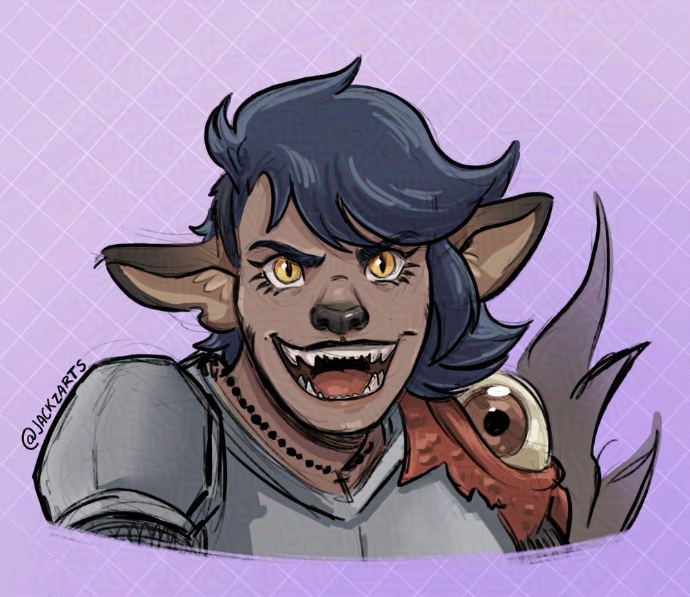 A sketch color bust of a half hyena character, she has blue hair, yellow eyes, and is wearing armor. Part of the armor has a monster eye