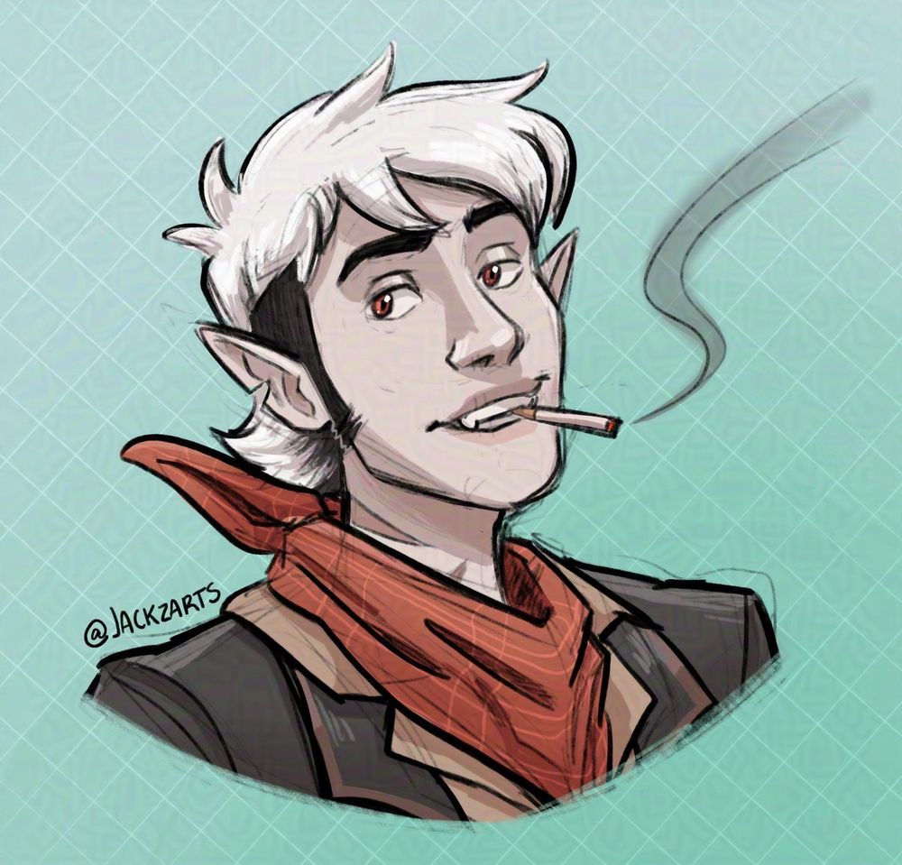 sketch bust in color of a vampire, he has pale skin, white hair with an undercut, and they're smoking a cigarette as they look carelessly at the viewer. 