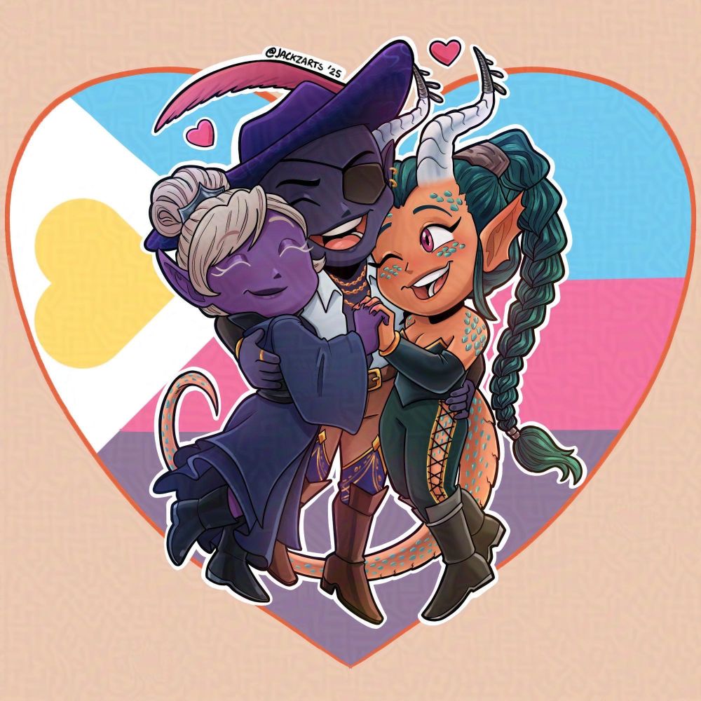 A chibi drawing in color featuring three characters. They are all in an embrace as they smile warmly. The polyamorous flag is behind them. 