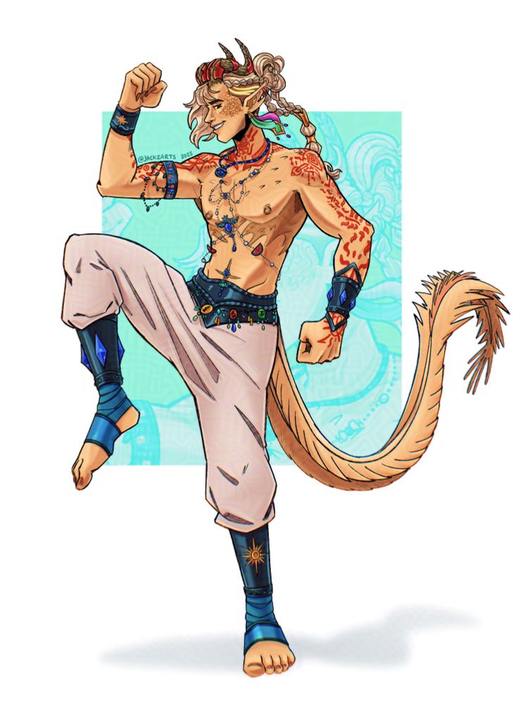 A full body drawing in color of a yellow aasimar with horns and dragon scales. He is standing on a foot while posing with a leg up and arms squaring his body, he is smirking as he looks at the viewer from the side of his eye. He's wearing monk-like pants, a belt, bracers. He has red tattoos over his arms and shoulders.