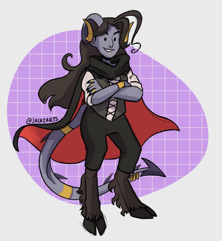 A sketch chibi drawing of a grey tiefling with hooves, wearing a black outfit and a cape