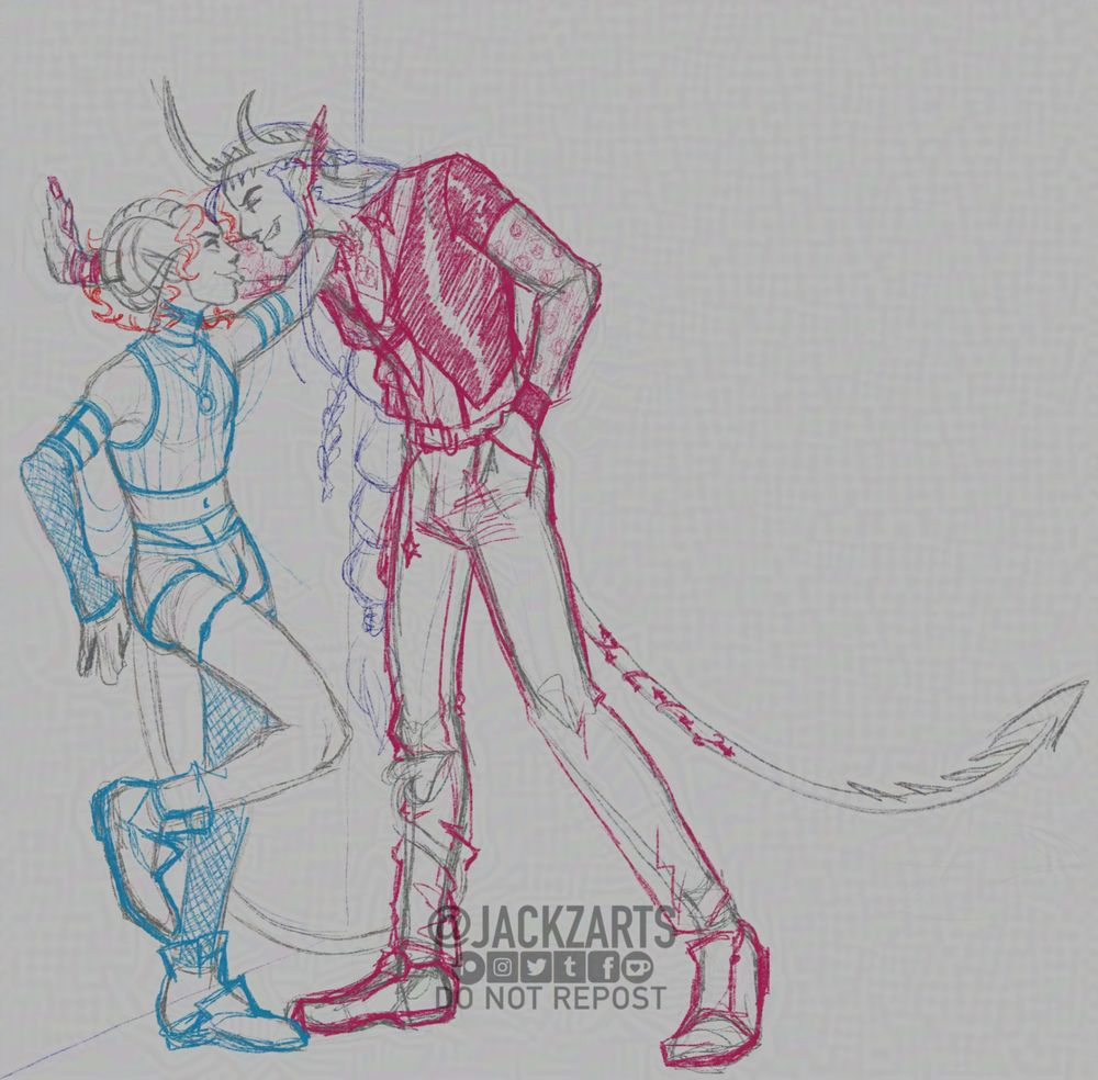Sketch drawing on a grey background of two characters. Cal is leaning against a wall, while Quinn is in front of them, leaning in close to their face. They both have playful smiles, while Cal pokes their tongue out, Quinn has a big grin on his face. Cal's tail is wrapped around one of Quinn's leg.